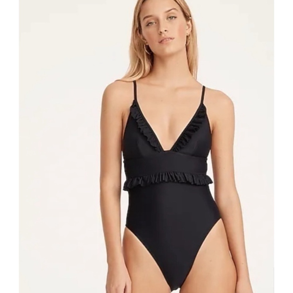 J Crew Plunging Neckline Ruffle Trim 1 Piece Swim Bathing Suit Beach Sz 16